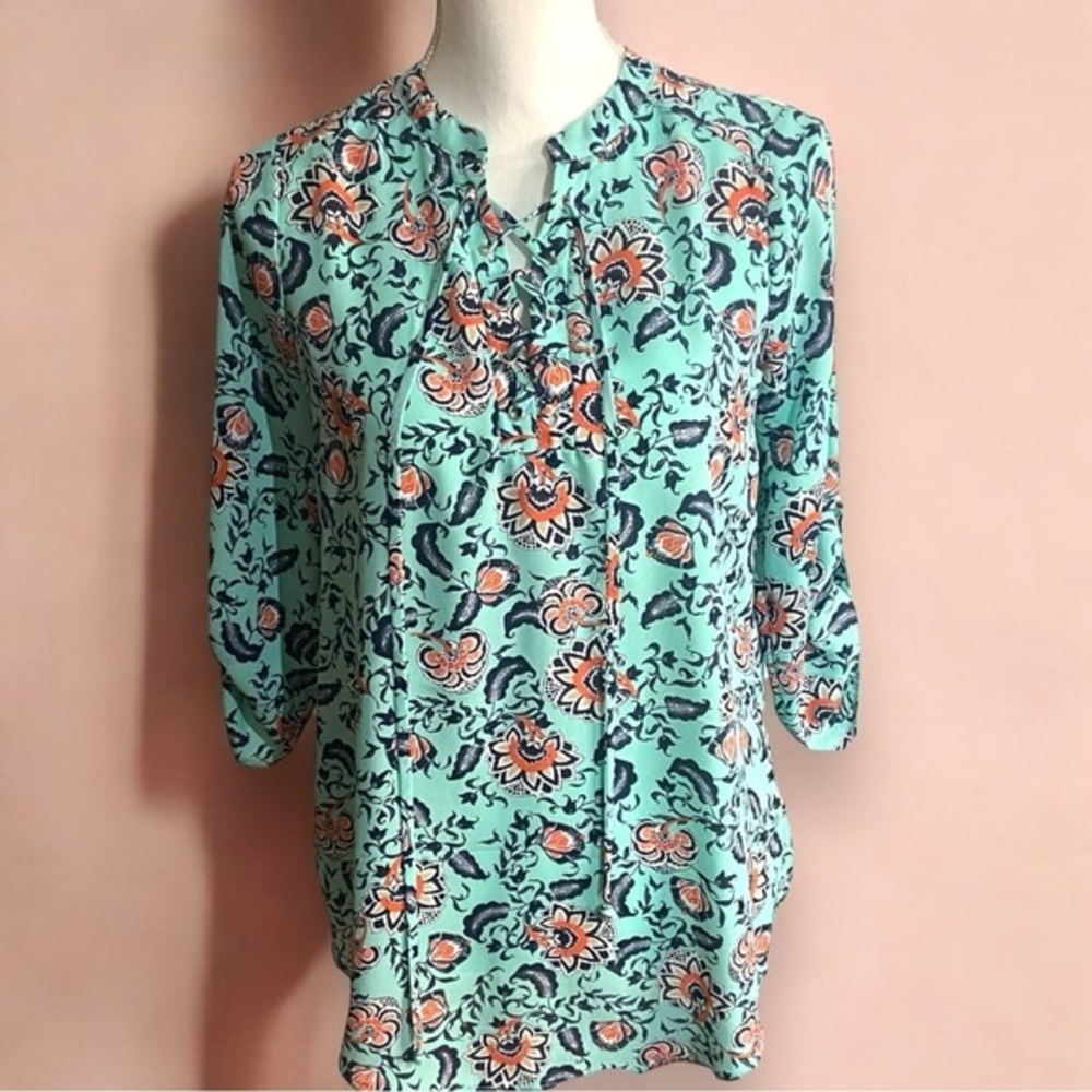 Decree Teal and Peach Floral Print Split Neck Laced Front Top